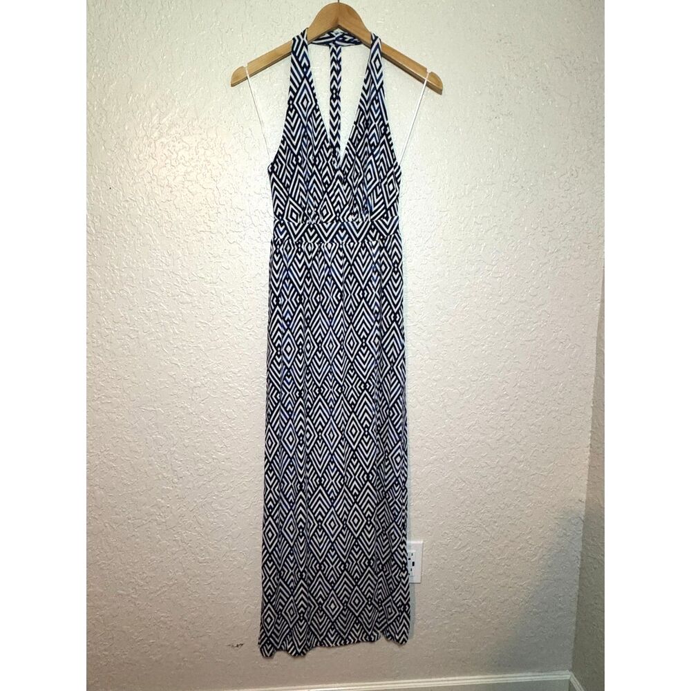Tart Wrap Maxi Dress Navy White Geometric Open Back V-Neck XS